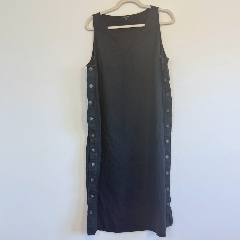 Madewell Black Linen Blend Side Button V-Neck Midi Tank Dress 1X CKP454700002